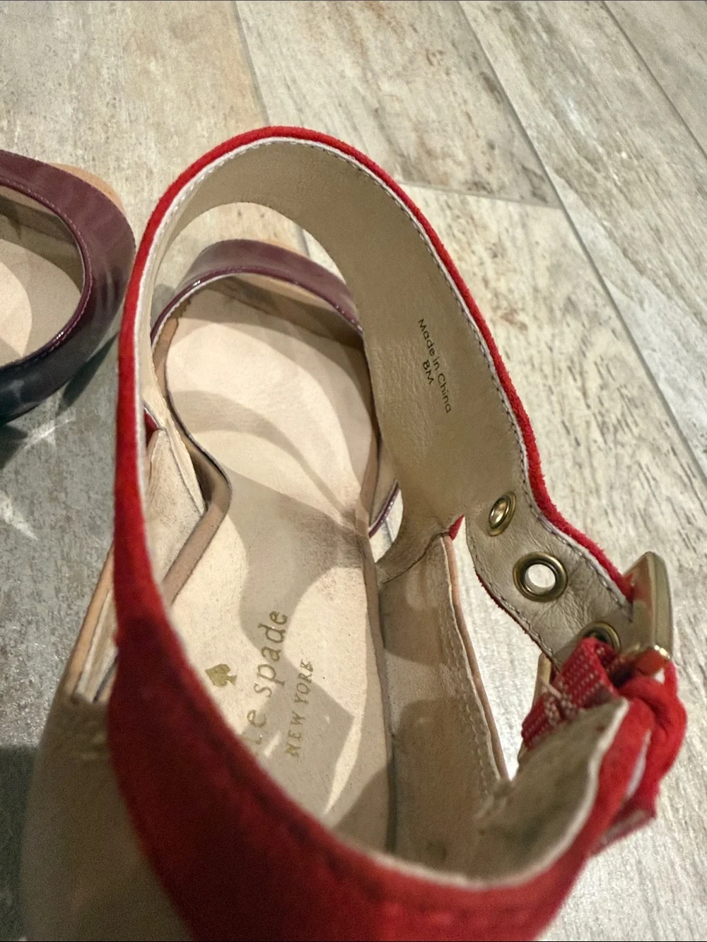 Kate Spade Women’s Red Suede & Burgundy Leather High Heel Sandals Size 8 GUC
